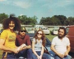 Freebo, Gary George, Bonnie's then boyfriend and Bobby Charles at NO Jazz Fest in 1975