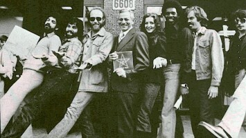 Frederick's of Hollywood was the site for the star-in-the-cement ceremony for Little Feat. Joining in the fun were (L-R) Kenny Gradney, Lowell George, Paul Barrère, Frederick Mellinger (Frederick of Frederick's), Bonnie Raitt, Sam Clayton, Bill Payne and Richie Hayward - July 1976