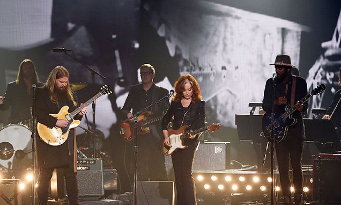 Chris Stapleton, Bonnie Raitt and Gary Clark Jr. perform onstage during The 58th Grammy Awards at Staples Center on Feb. 15, 2016 in Los Angeles, Calif.