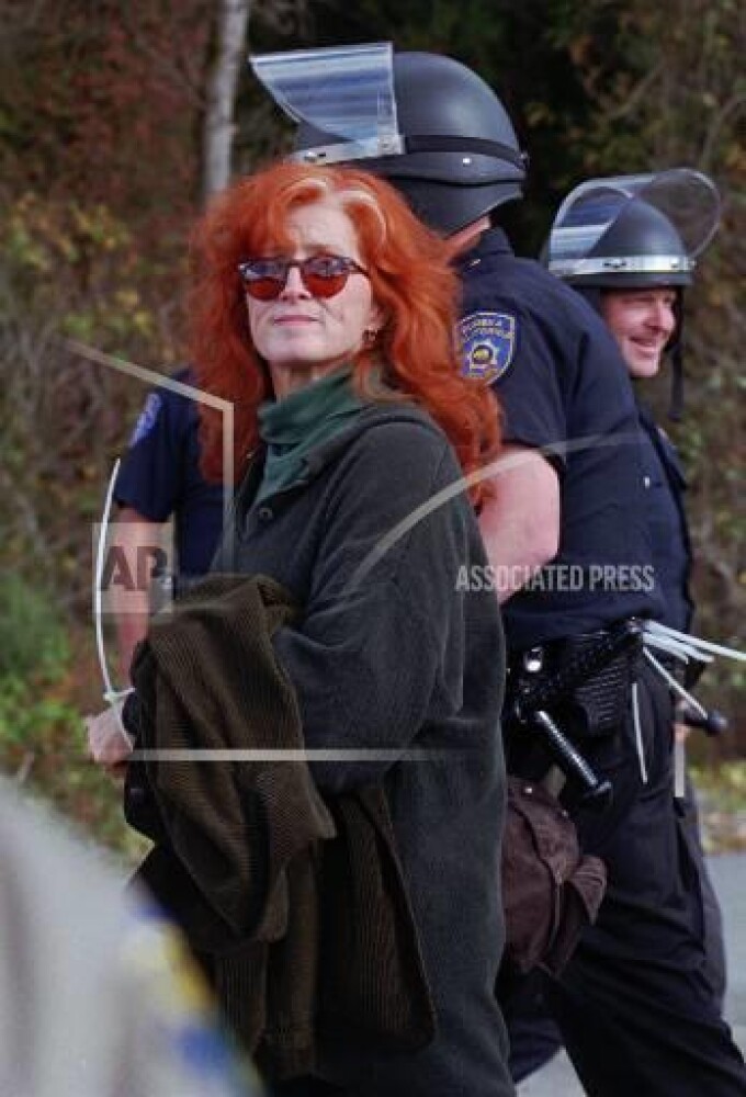 Grammy award-winning blues musician Bonnie Raitt is arrested at the entrance of the Headwaters Forest at the Pacific Lumber Company in Carlotta, Calif., Sunday afternoon, Sept. 15, 1996. Environmentalists are upset at the company's plans to salvage logging in 3,000 acres of the Headwaters Forest.