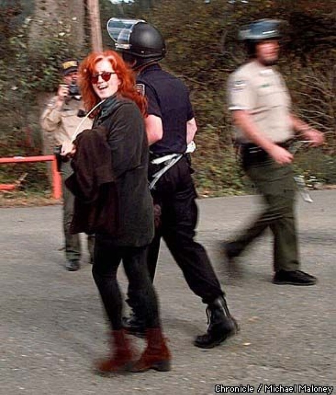 Bonnie Rait looks back at the assembled crowd watching as she is lead away in plastic cuffs for trespassing on Pacific Lumber Company land. Around 3,000 demonstrators gathered at Pacific Lumber Company's Carlotta Mill to protest the possible logging of the Headwaters forest of ancient redwood groves.  September 15, 1996 Carlotta, Humboldt County