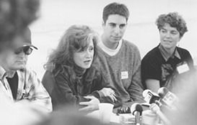 Singers Don Henley and Bonnie Raitt, Adam Wehrbach of the Sierra Club and Cecilia Lanman of Environmental Protection Information Center at the press conference of Headwaters Rally - Sept. 15, 1996