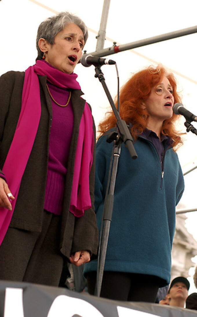 Joan Baez and Bonnie Raitt perform at San Francisco Peace Rally following massive Anti-War March on February 16, 2003